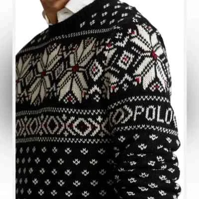Nuevo con etiquetas Polo Ralph Lauren Negro/Marfil/Rojo ALGODÓN/CACHEMIRA Fair Isle Suéter XXL 2XL Foto 1 de 4