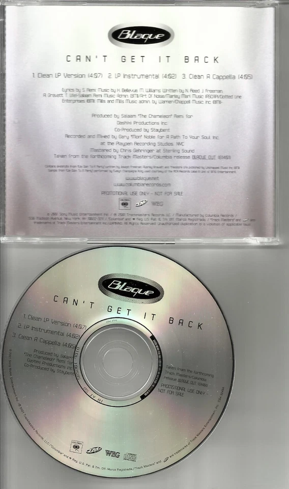 BLAQUE Can’t get back ACAPPELLA  & INSTRUMENTAL & CLEAN PROMO DJ CD Single - Image 1 of 1