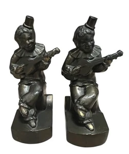 Vintage Mandolin Musician Cast Bronze Metal Pierrot Clown Man Pair Of Bookends - Picture 1 of 11