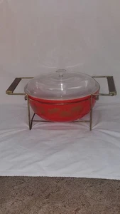 Vtg 60's Pyrex 404 Red Golden Leaf 4 Qt Glass Bowl w/Cradle/Lid Excellent Cond - Picture 1 of 18