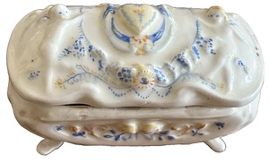 Antique Handmade Handpainted White Footed Trinket Jewelry Box Angels Heart Harp - Picture 1 of 6