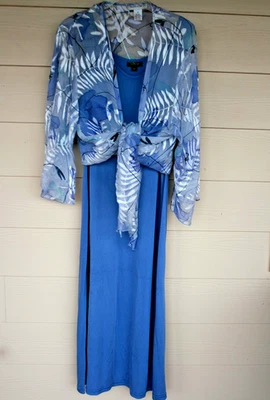 2-pc Vintage DREAMSACKS Blue Floral Silk Dress Nightgown Robe Jacket Set M/XL - Image 1 of 4