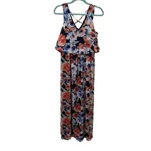 Lilly Rose Floral Print Maxi Dress Criss Cross Back Sleeveless Casual M Chiffon - Picture 1 of 9