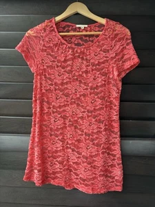 PLEIONE Medium Pink Orange Sheer Short Sleeve Lacy Cotton Blend Blouse - Picture 1 of 6