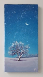 Original Snowy Painting Winter Night Stars Tree Holiday Wall Art Decor - Picture 1 of 24