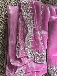 Heavily Beaded Sari Shawl 19'x41" Lavender Chiffon Bollywood Silver Beads (Heavy - Picture 1 of 7