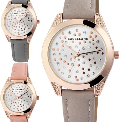 Damenuhr Armbanduhr Rosegold Grau/Rosa/Taupe glitzer Kristal 1900176 Excellanc - Bild 1 von 3