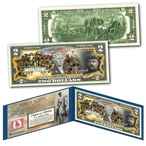 ROUGH RIDERS Teddy Roosevelt Army Spanish War Genuine Legal Tender $2 U.S. Bill - Picture 1 of 1