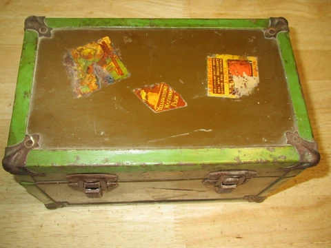 Antique  Salesman Sample Trunk or Doll chest with insert and travel stickers Cover