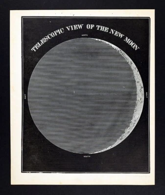 c 1850 Smith астрономия печати телескоп вид новолуния полумесяц фазы лунные кратеры - Изображение 1 из 3