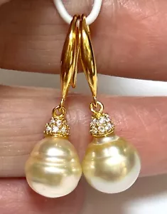 Baroque 9 x 9.5mm Genuine Pale Gold Australian South Sea Pearl Dangle Earrings - Picture 1 of 7