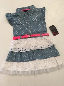 Vestido de mezclilla con ojales en capas talla 2T 4 azul blanco a lunares Rule para niñas - Imagen 1 de 4