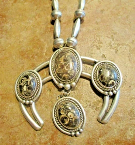 24" UNIQUE !! Vintage Navajo Sterling NATURAL FOSSIL AGATE Naja Bead Necklace - Picture 1 of 12