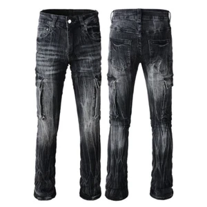 New Pop Cargo Style Workwear Casual Men's Pants Side Pocket Hip Hop Black Jeans - Picture 1 of 13