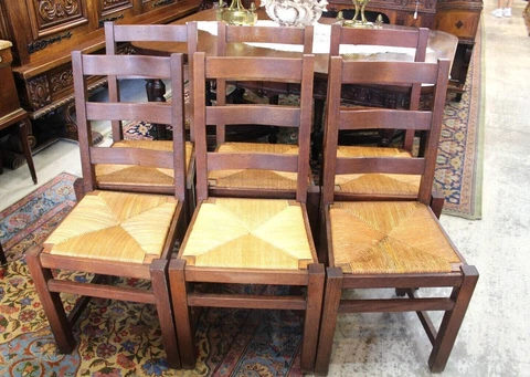 Set of  6 French Country Antique Oak Rush Seat Dining Room Chairs Cover