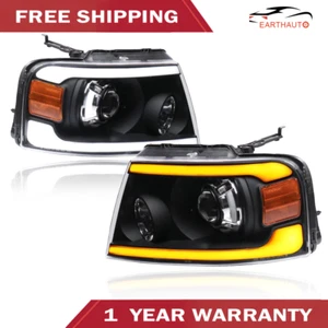 Black LED DRL Projector Head Lamp Dynamic Turn Signal For 2004-08 Ford F150 L&R - Bild 1 von 9