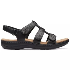 Clarks Sandals 11 M Black Leather Laurieann Strappy Flat Sports Shoes Comfort - Picture 1 of 6
