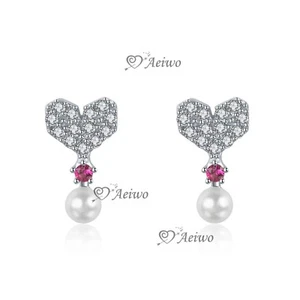 925 sterling silver cz stud Screw back baby kids love heart earrings rose red - Picture 1 of 7