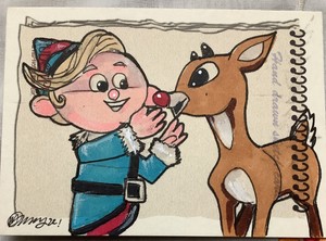 RUDOLPH THE RED-NOSED REINDEER Sketch Card DART FLIPCARDS By Mike Doherty