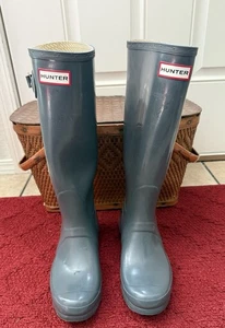 Hunter Original Rain Boots Tall Gloss Gray Women’s Size 7 Pull On Rubber Wellie - Picture 1 of 8