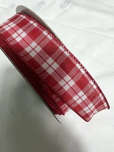 10 Yards 1.5 Inch Wired Winter Christmas Red White Check Plaid Ribbon - Picture 1 of 2