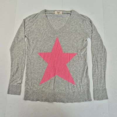 HUSH Jumper XS Grey Women's 100% Bamboo V-Neck Pink Star Knit Long Sleeve - Image 1 of 4