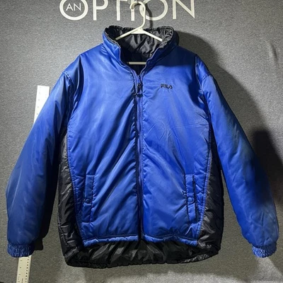 Vtg Fila Puffer Jacket Adult Sz Med Reversible Coat Embroidered 90s Black Blue - Image 1 of 4