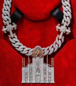 Collar de plata de ley 925 con colgante de cadena cubana y catedral de 18 mm con cruz hip hop - Imagen 1 de 10