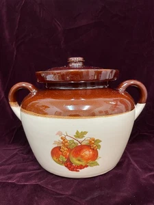 McCoy #342 Two-Toned Lidded Bean Pot Crock Ovenproof- Apples and Grapes Design - Picture 1 of 21