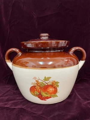 McCoy #342 Two-Toned Lidded Bean Pot Crock Ovenproof- Apples and Grapes Design - Image 1 of 4