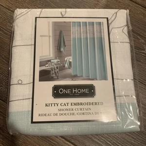 Kitty Cat Embroidered Shower Curtain Fabric Gray White Aqua Fabric One Home - Picture 1 of 3