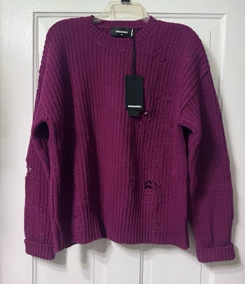 NWT Dsquared2 Ripped Distressed Magenta Wool Sweater Size XS (S-M) Runs BIG - Image 1 of 4