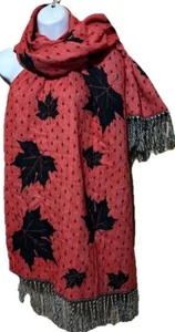 Charlie Bravo Pashmina Wrap Fringed Scarve Red Black Fall Maple Leaf Scarf Shawl - Picture 1 of 10