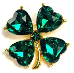 30mm Green Rhinestone Four Leaf Clover Irish Shamrock Brooch Pin Badge +Gift Box - Picture 1 of 9
