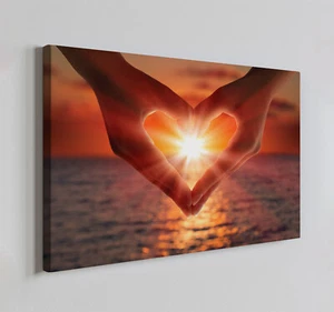 Hands In Heart Shape Sunset Canvas Print Wall Art, Home Decor Wall Hanging - Picture 1 of 10