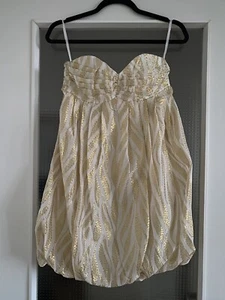 H&M Bandeau Kleid Weiß Gold Schulterfrei XS/34 Ballon Rock Rüschen Falten - Bild 1 von 4