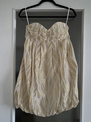 H&M Bandeau Kleid Weiß Gold Schulterfrei XS/34 Ballon Rock Rüschen Falten - Bild 1 von 4