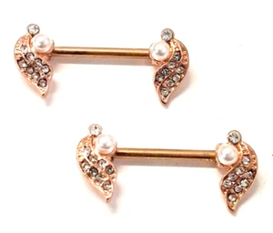 Nipple-PAIR-Dainty Pearls and Gems 14 Gauge 9/16" Rose Gold IP Barbells - Picture 1 of 3