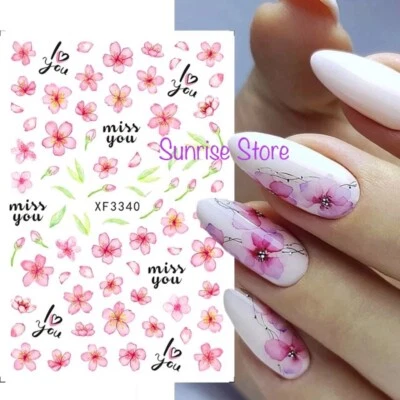 3D Nail Art Sticker Pink Flower 3340 Cherry Blossom Green Leaves Decals Manicure - Изображение 1 из 4