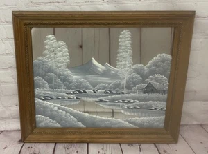 Winter Scene Lake Cabin Waterfall Original Painted Mirror G Clemons 20 X 24 Xmas - Picture 1 of 18