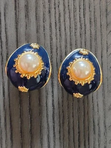 Vintage Joan Rivers Blue Enamel Faux Pearl and Gold Tone Clip on Earrings - Picture 1 of 3