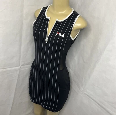 Fila Dress Crystal Bodycon 1/4 Zip Mesh Details Striped Black White Sleeveless S - Image 1 of 4