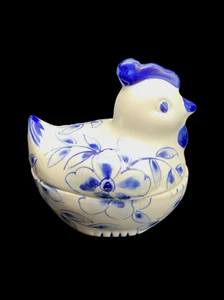 Ceramic Chicken Trinket Box Cobalt White Floral 2 Pc Country Farmhouse Cottage - Picture 1 of 10