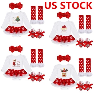 Infant Baby Girl's 1st Christmas Outfit Romper with Headband Leg Warmer Shoes - Picture 1 of 16
