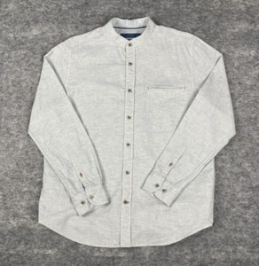 32 Bar Blues Mens Shirt M Linen Blend Light Gray Striped Grandpa Band Collar - Picture 1 of 5