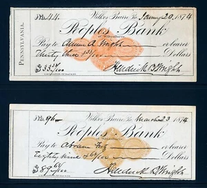 RN-D1-D4 revenues on pair of Wilkes Barre PA 1874 checks, used - Picture 1 of 3