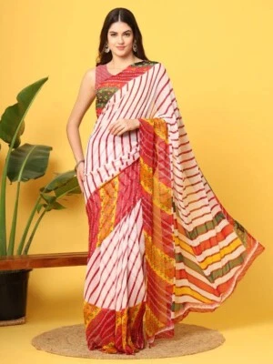 Sari de diseñador indio con blusa de chifón estampado blanco y rojo de Bollywood Foto 1 de 4