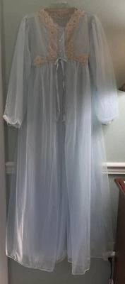 60s GOSSARD ARTEMIS Lingerie 2 Layer Blue Nylon Chiffon Peignoir Nightgown Small - Image 1 of 4