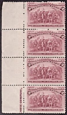 US # 231c *MINT OG NH* { SCARCE "BROKEN HAT" STRIP OF 4 }W IMPRINT 2c COLUMBIAN  - Image 1 of 4