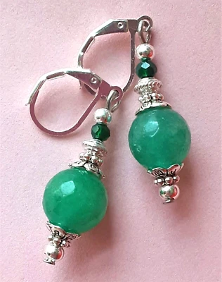 Pendiente DROP VERDE JADE y Cristal SP LEVERBACK Hecho a Mano XJ2 Foto 1 de 4